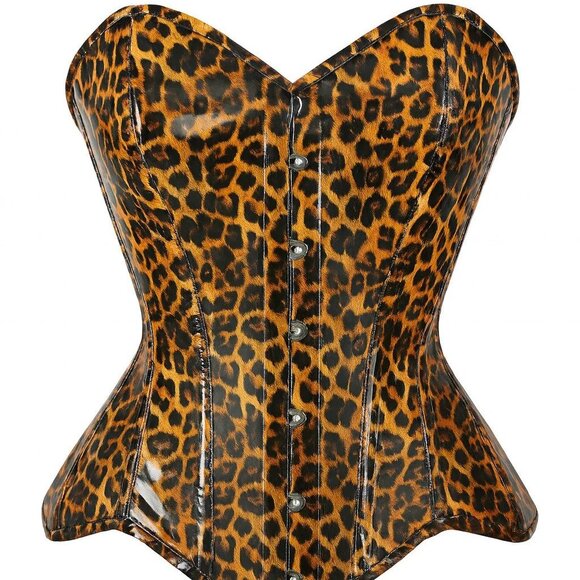 Steel Boned Cheetah Print PVC Curvy Cut Overbust Corset - Picture 1 of 5